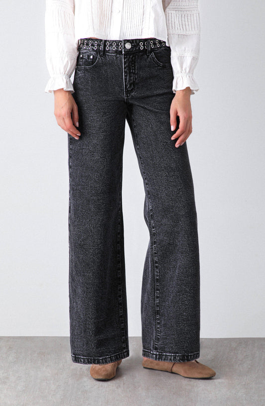 Pantalón Wide Leg Pretina Ojal Black
