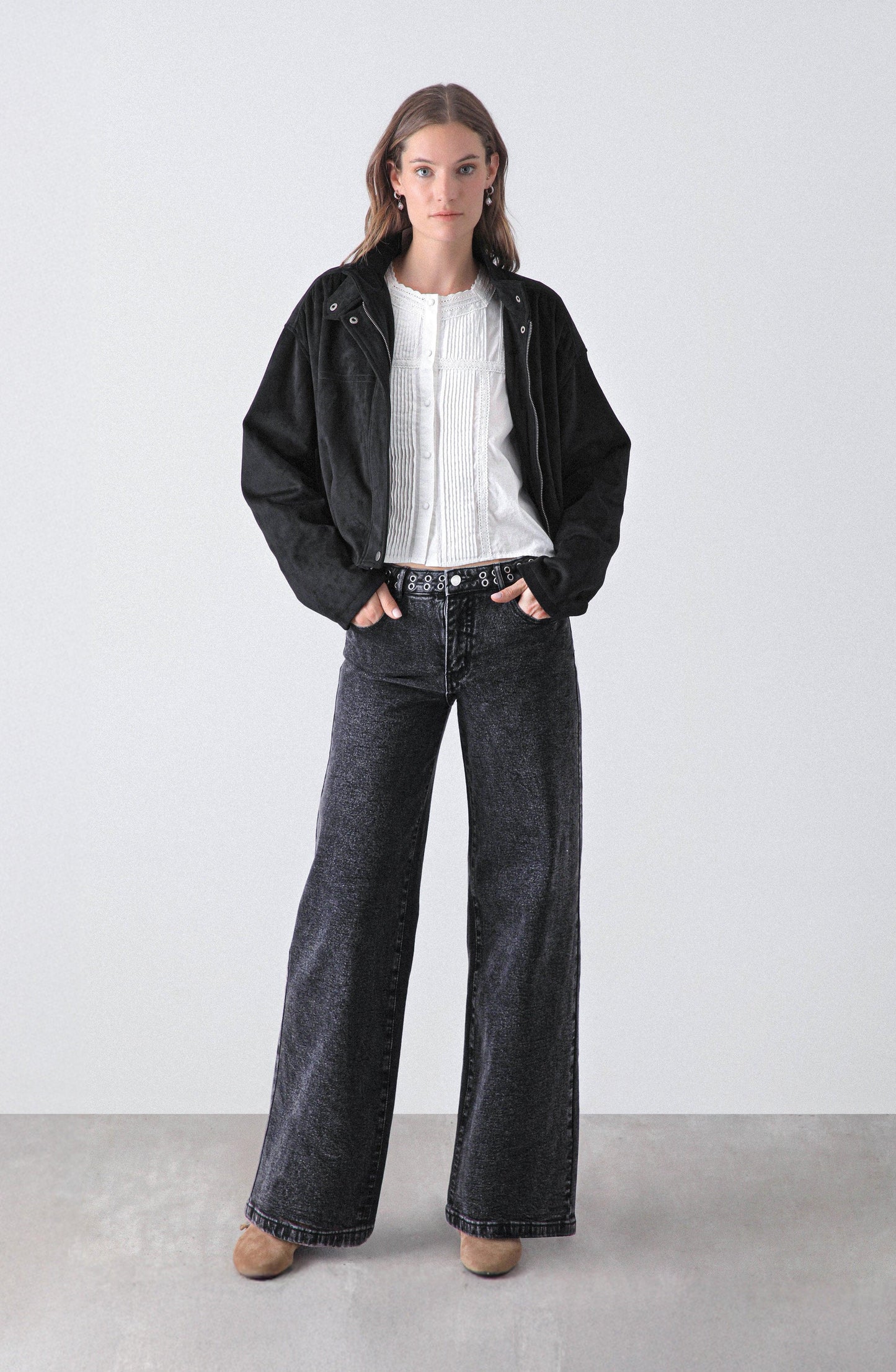 Pantalón Wide Leg Pretina Ojal Black